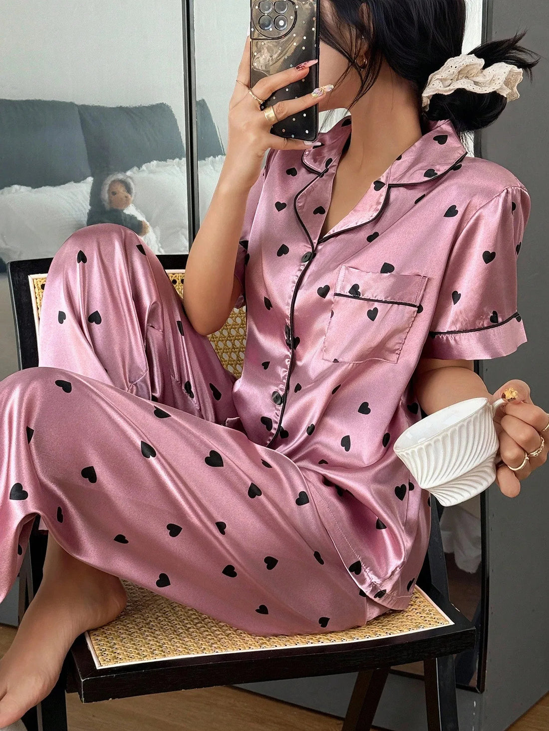 Women’s Printed Silk Night Suit – 2 Pc