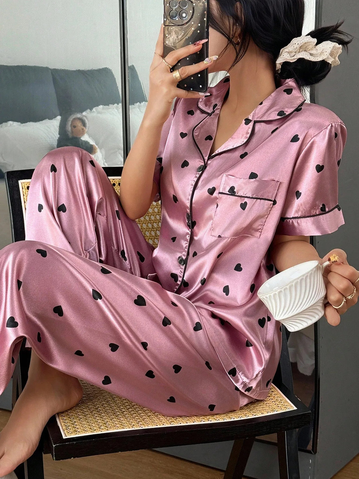 Women’s Printed Silk Night Suit – 2 Pc