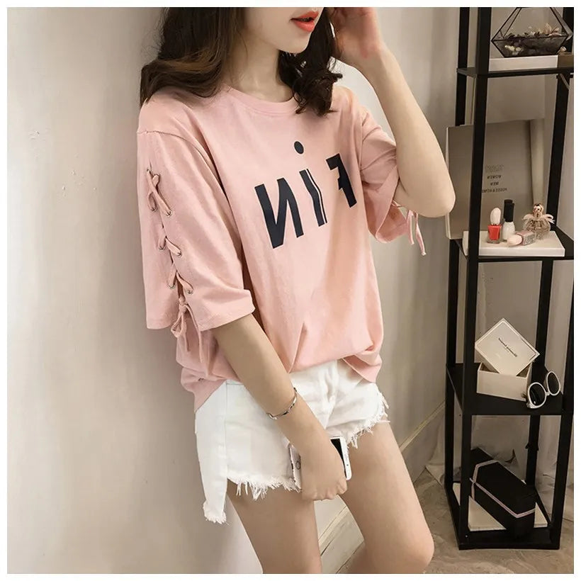 Women’s Pink Lace-Up T-Shirt – Loose Fit