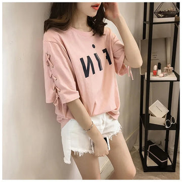 Women’s Pink Lace-Up T-Shirt – Loose Fit
