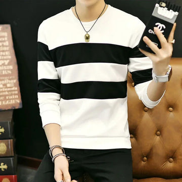 Men’s White & Black Striped Long Sleeve T-Shirt