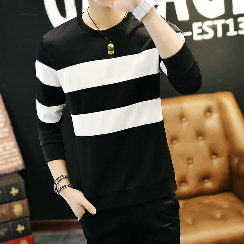Men’s White & Black Striped Long Sleeve T-Shirt