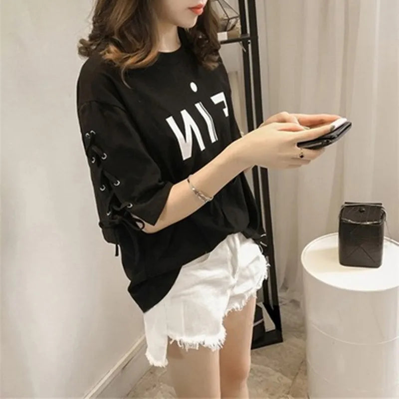 Women’s Pink Lace-Up T-Shirt – Loose Fit