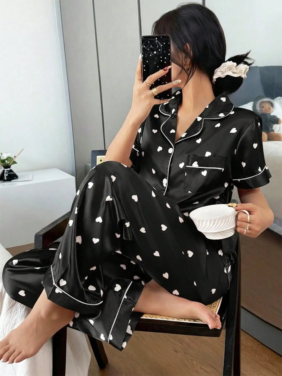 Women’s Printed Silk Night Suit – 2 Pc