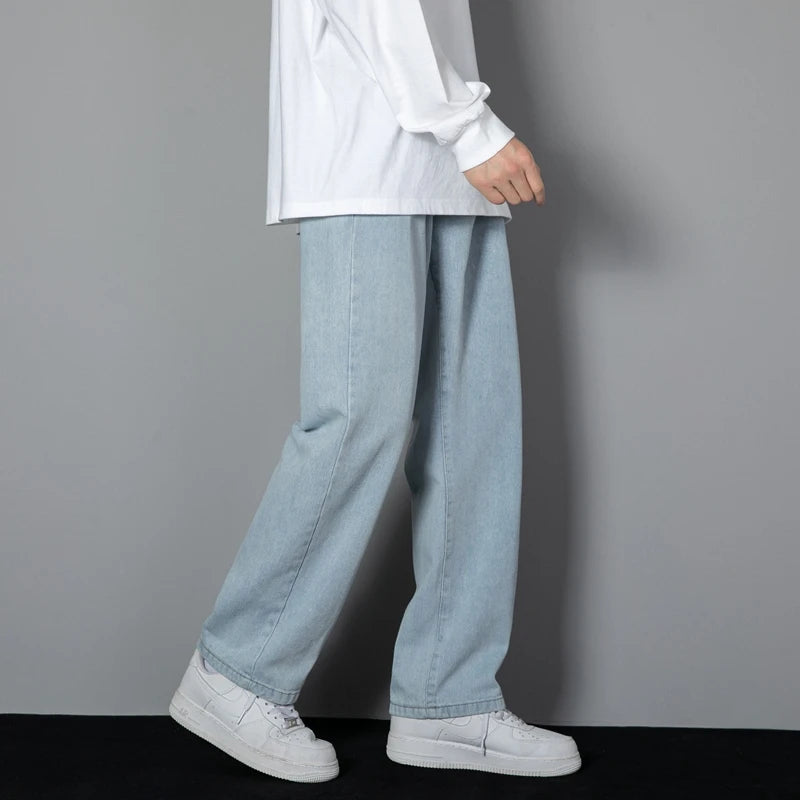 Men’s Loose Fit Washed Blue Jeans – Korean Style Denim