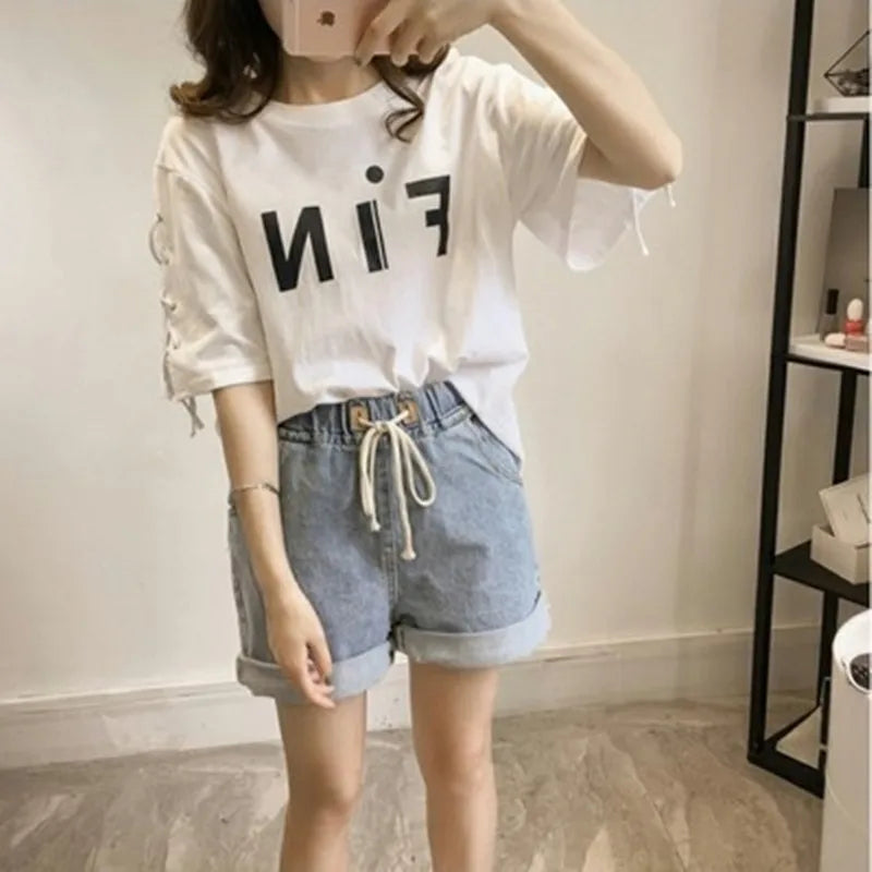 Women’s Pink Lace-Up T-Shirt – Loose Fit