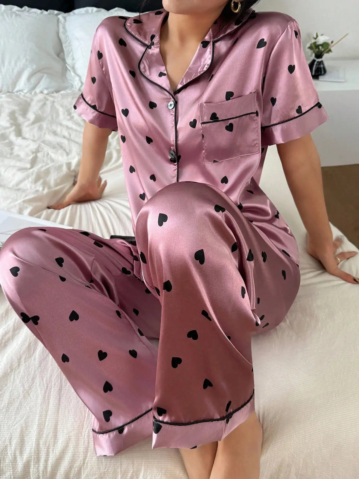 Women’s Printed Silk Night Suit – 2 Pc