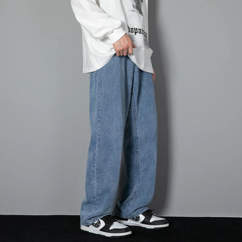 Men’s Loose Fit Washed Blue Jeans – Korean Style Denim