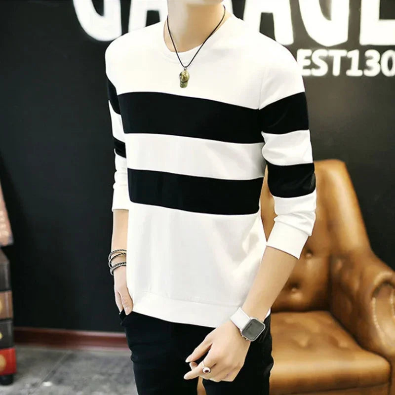 Men’s White & Black Striped Long Sleeve T-Shirt