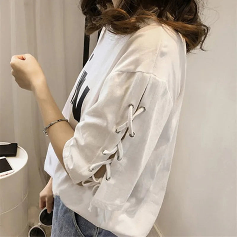 Women’s Pink Lace-Up T-Shirt – Loose Fit