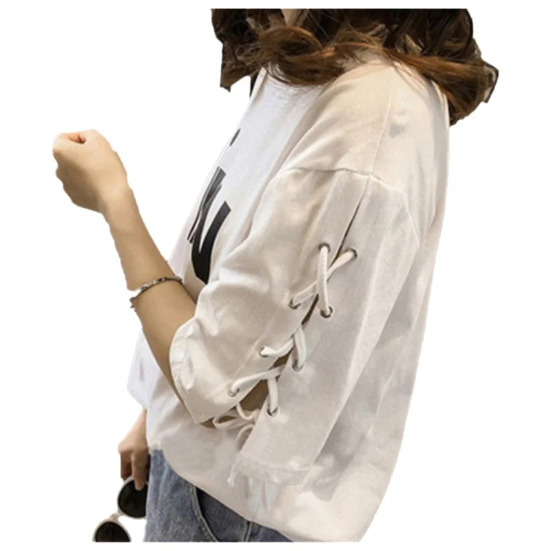 Women’s Pink Lace-Up T-Shirt – Loose Fit