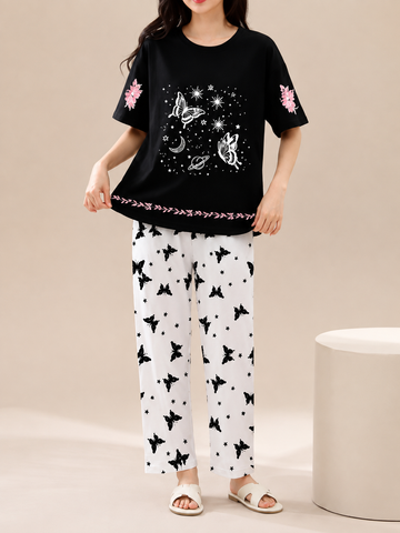 Women’s Printed Cotton Jersey Night Suit – 2 Pc