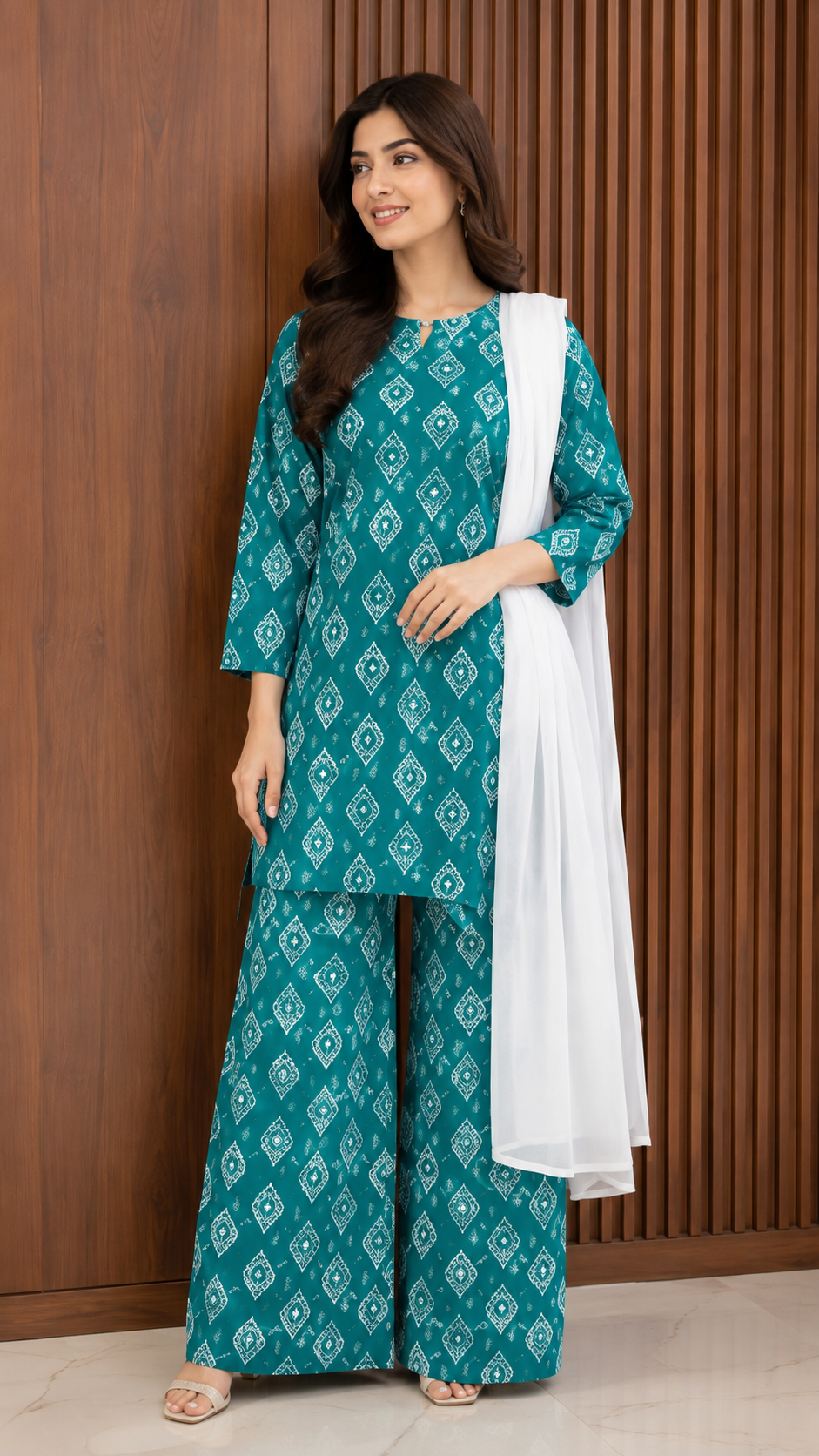 Women's 3-Piece Cotton Lawn Block Printed Suit with Back Straps