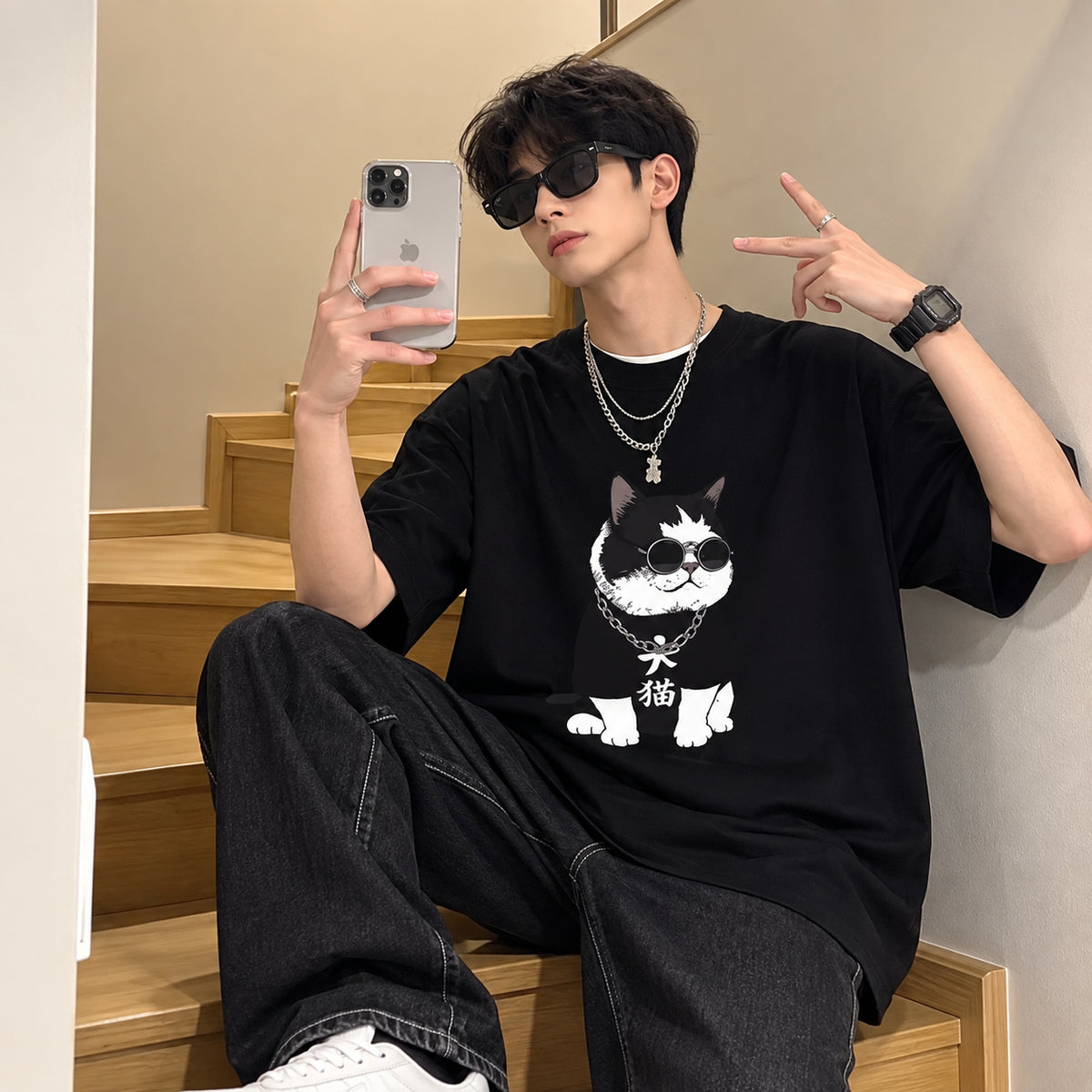Men’s Loose Fit Cat Graphic T-Shirt – Casual Summer Tee