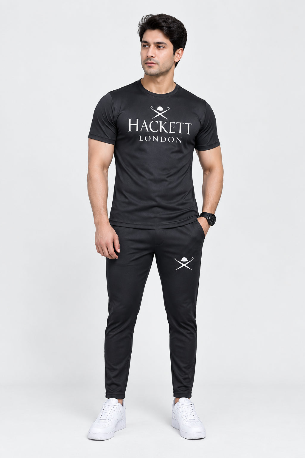 Men’s Black Micro Printed Slim Fit Tracksuit – 2 Pcs