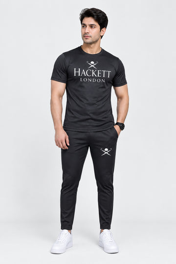 Men’s Black Micro Printed Slim Fit Tracksuit – 2 Pcs