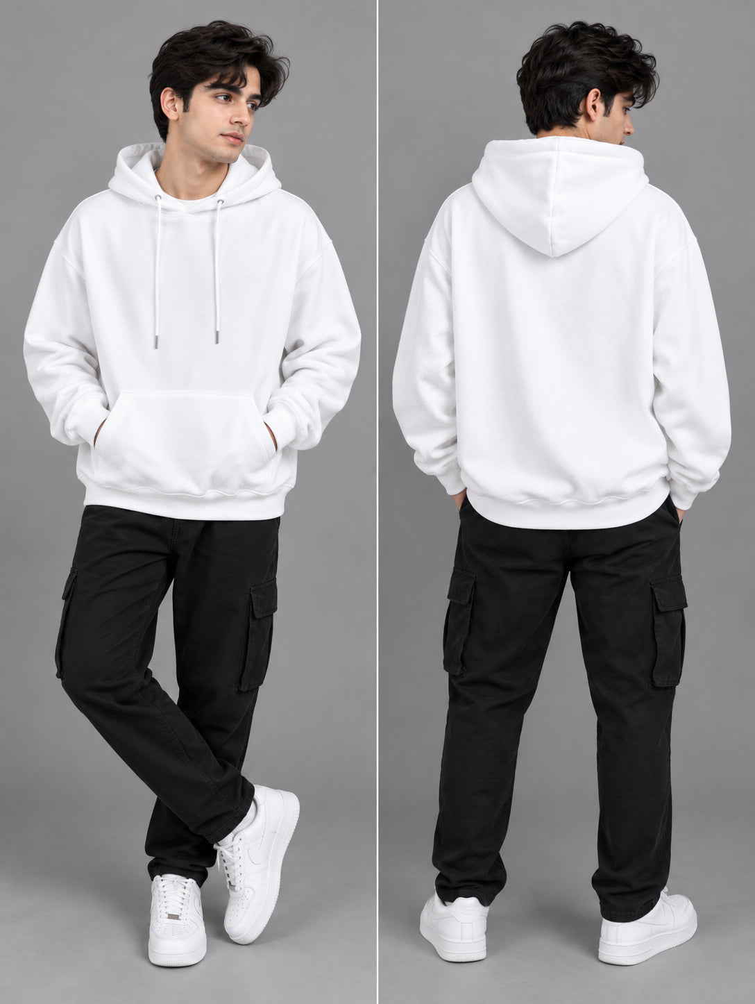 Men’s White Fleece Hoodie with Kangaroo Pocket – M to XL