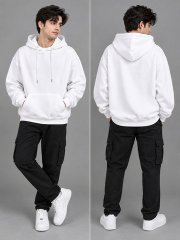 Men’s White Fleece Hoodie with Kangaroo Pocket – M to XL