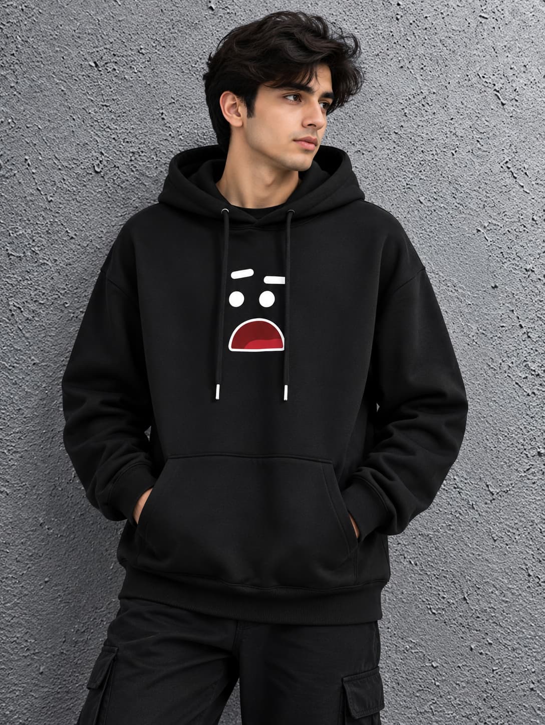 Men’s Black Printed Fleece Hoodie with Front Pocket
