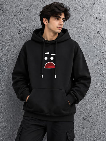 Men’s Black Printed Fleece Hoodie with Front Pocket