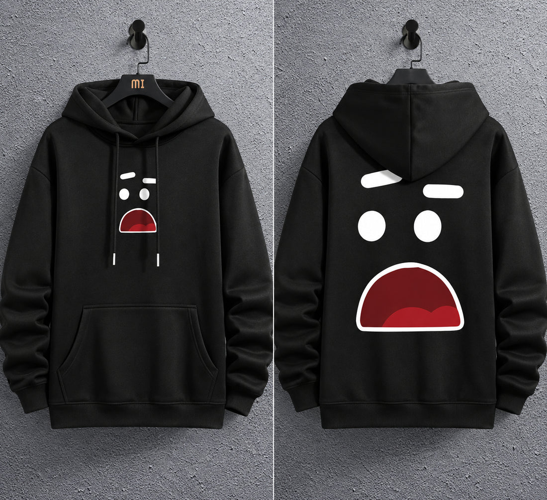 Men’s Black Printed Fleece Hoodie with Front Pocket