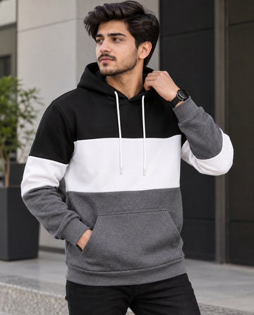 Men’s Color Block Fleece Hoodie – Grey, Black & White