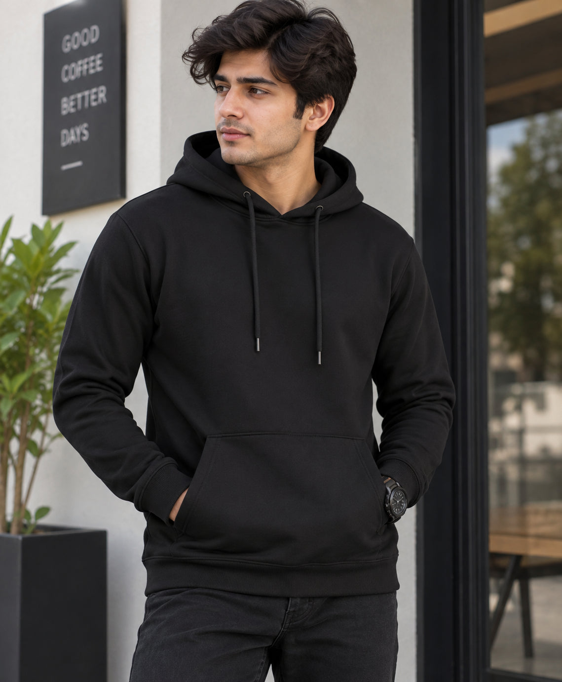 Men’s Black Slim Fit Polyester Hoodie – Winter Wear