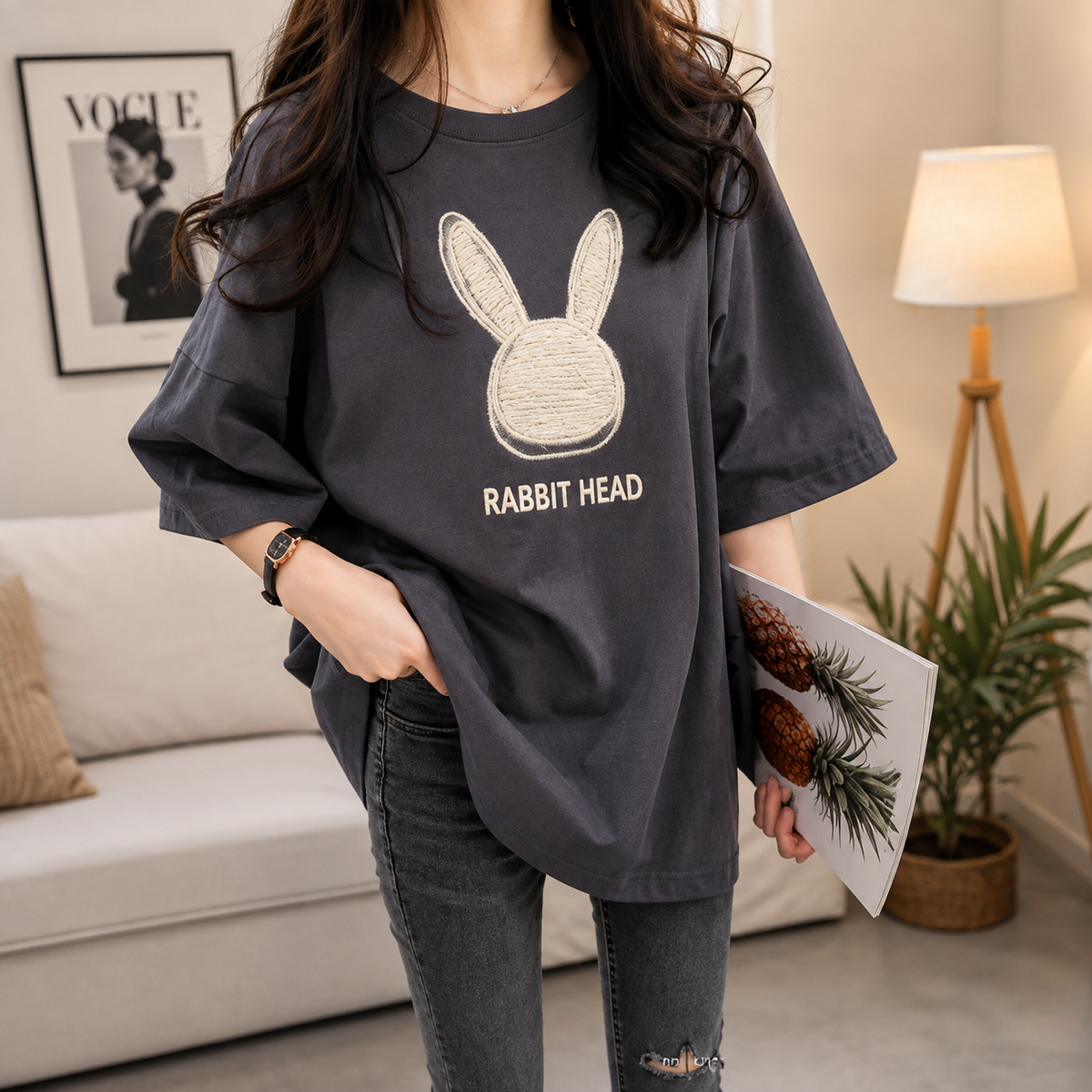 Women’s Rabbit Print Loose T-Shirt – Plus Size Summer Wear