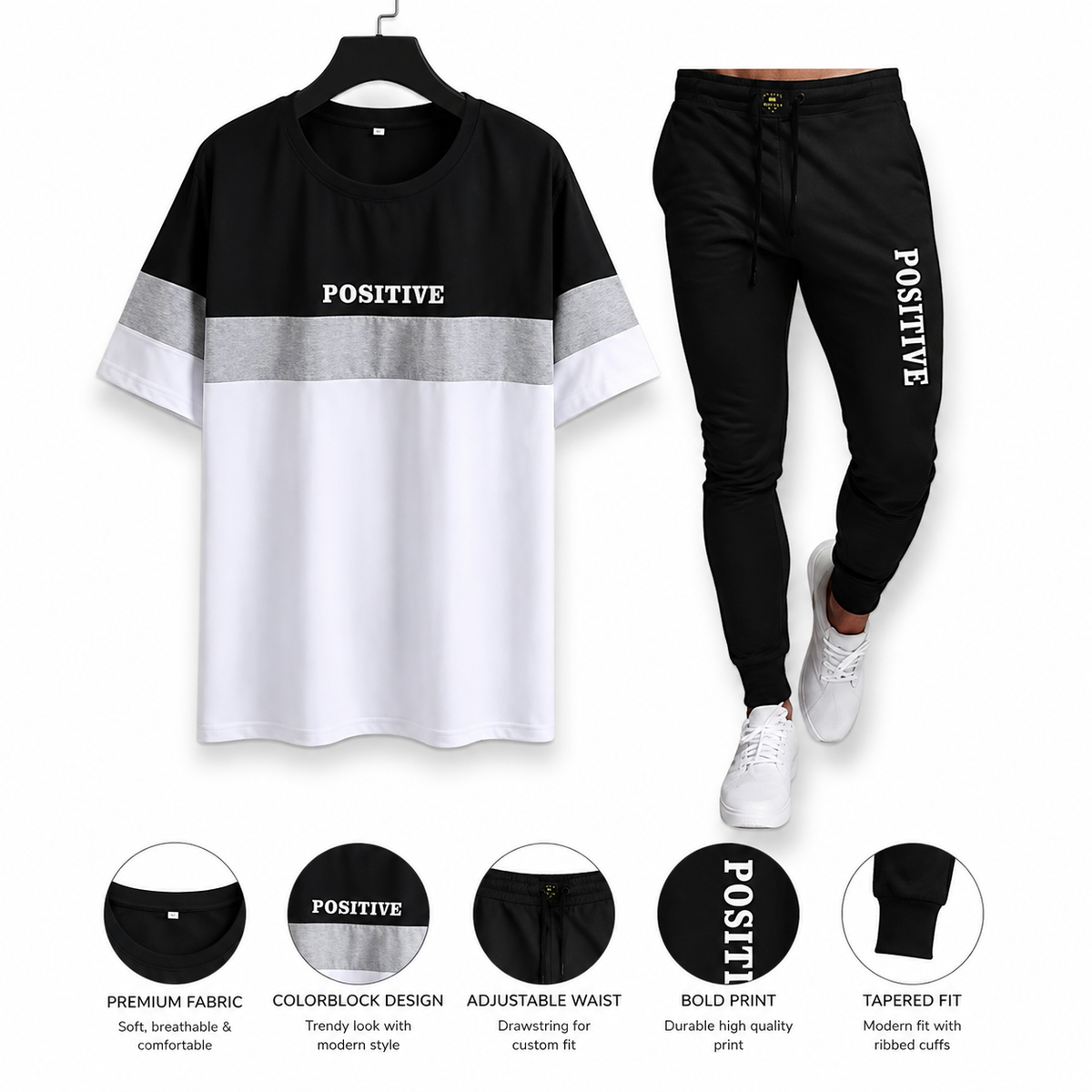 Men’s Printed Track Suit 2-Piece – Black & White Slim Fit