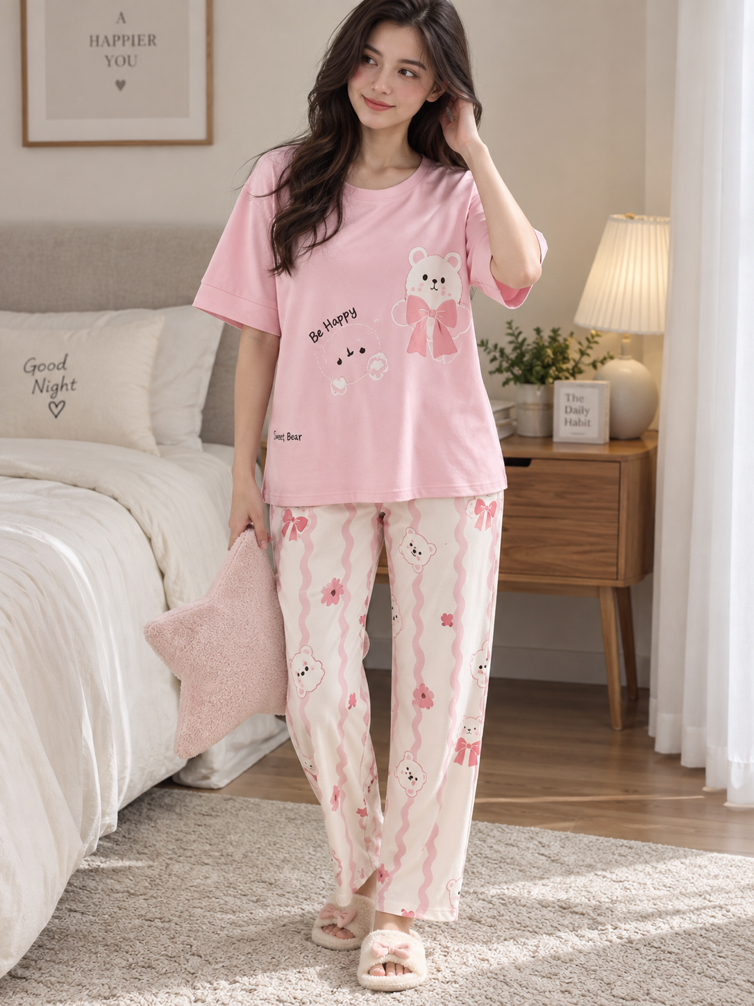 Women’s Pink Printed Jersey Night Suit – M to XL
