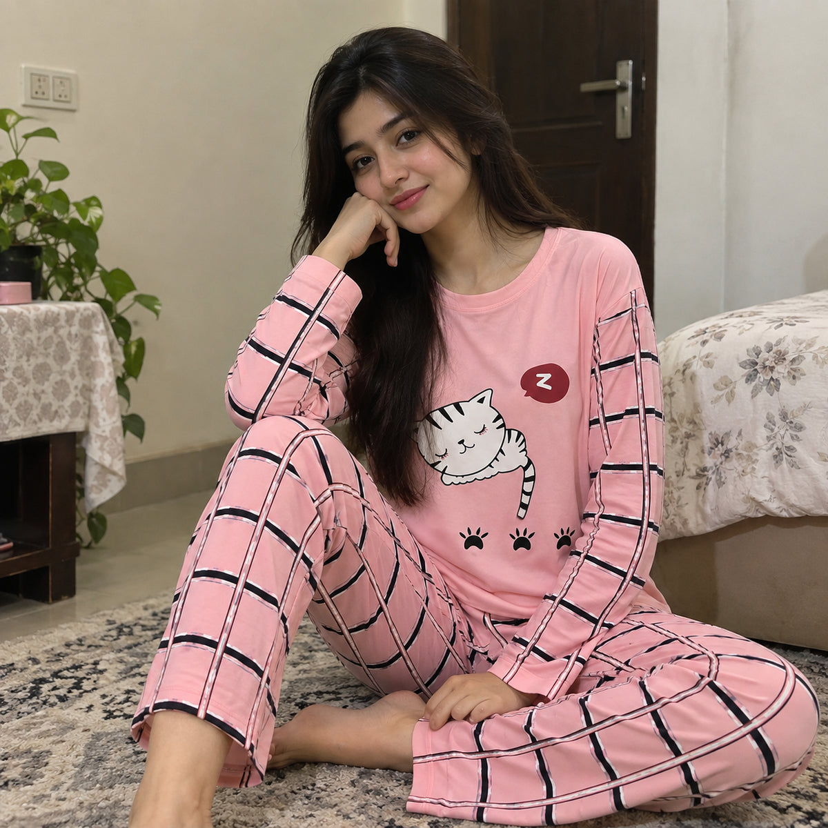 Women’s Pink Cat Print Night Suit – Medium to XL