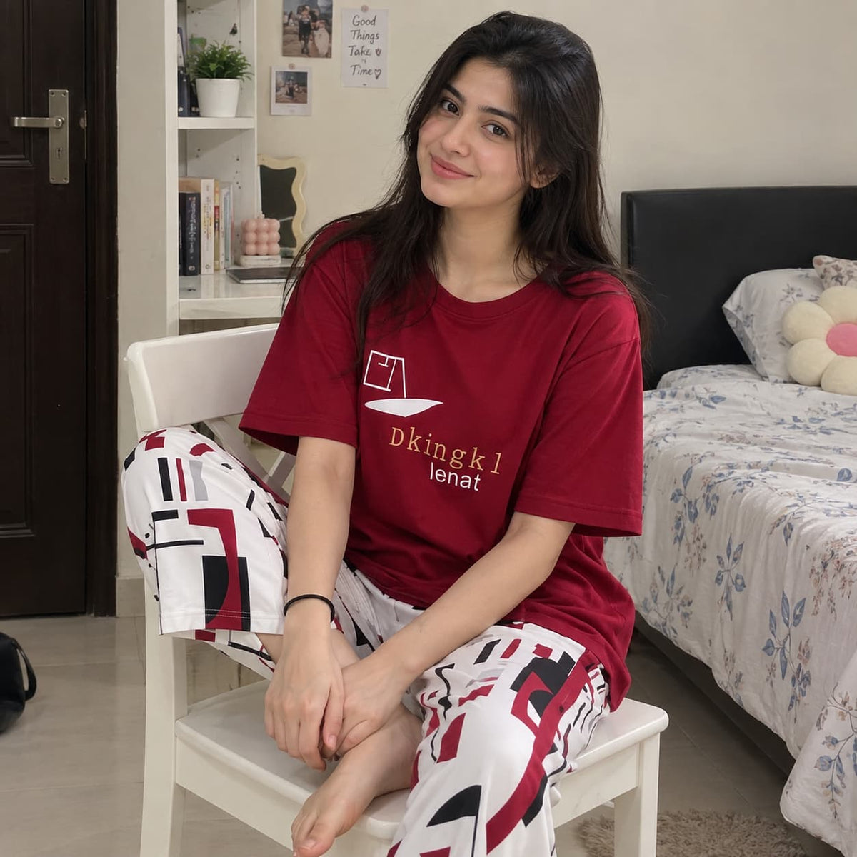 Women’s Red Printed Jersey Night Suit – 2 Piece