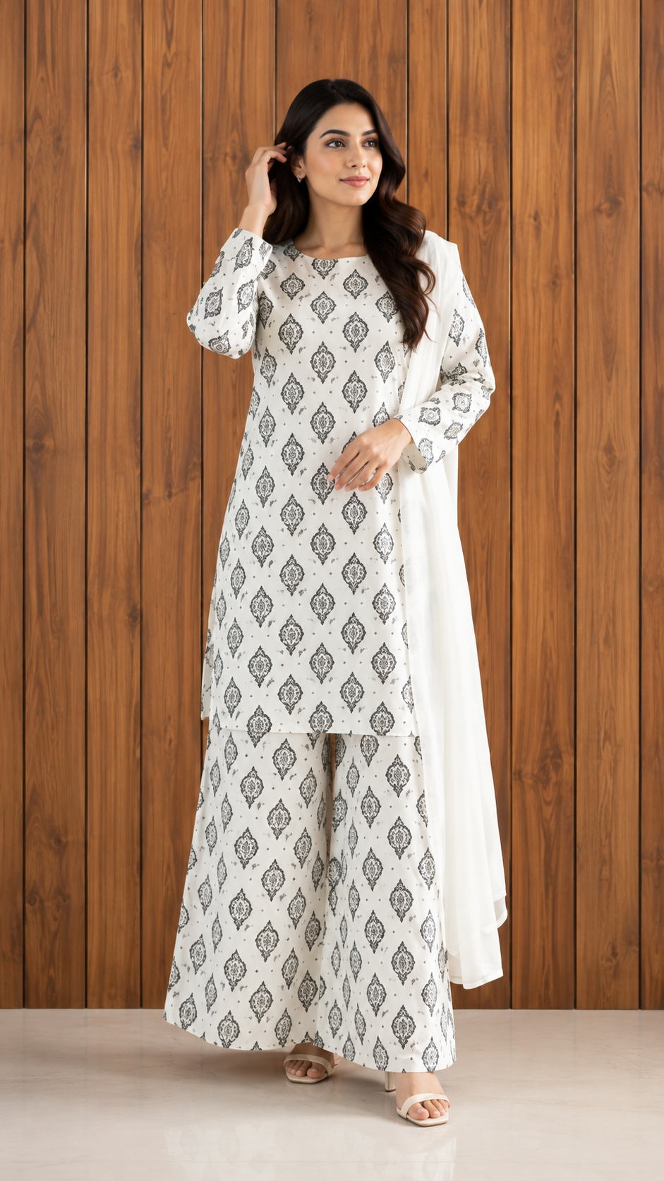Women's 3-Piece Cotton Lawn Block Printed Suit with Back Straps