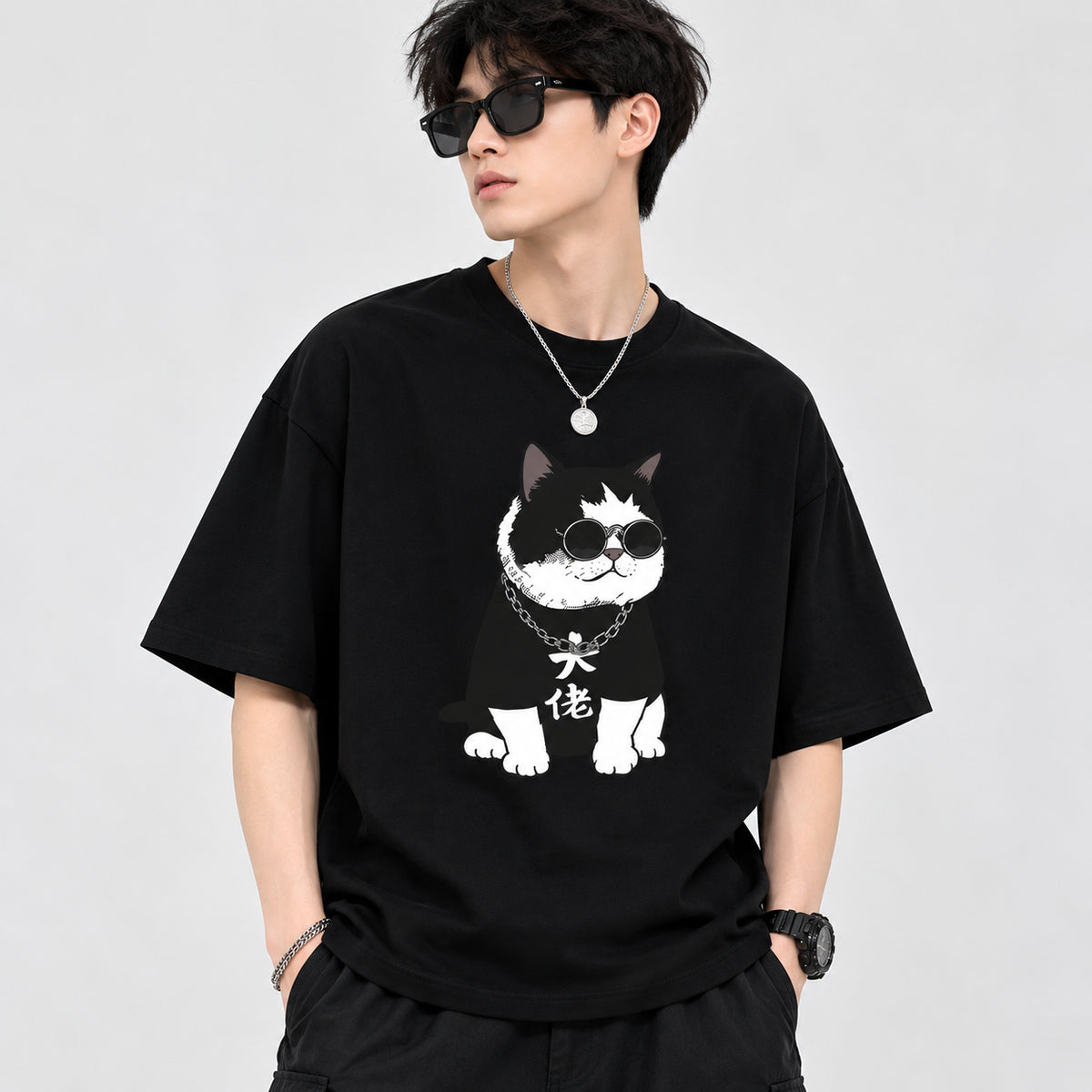 Men’s Loose Fit Cat Graphic T-Shirt – Casual Summer Tee