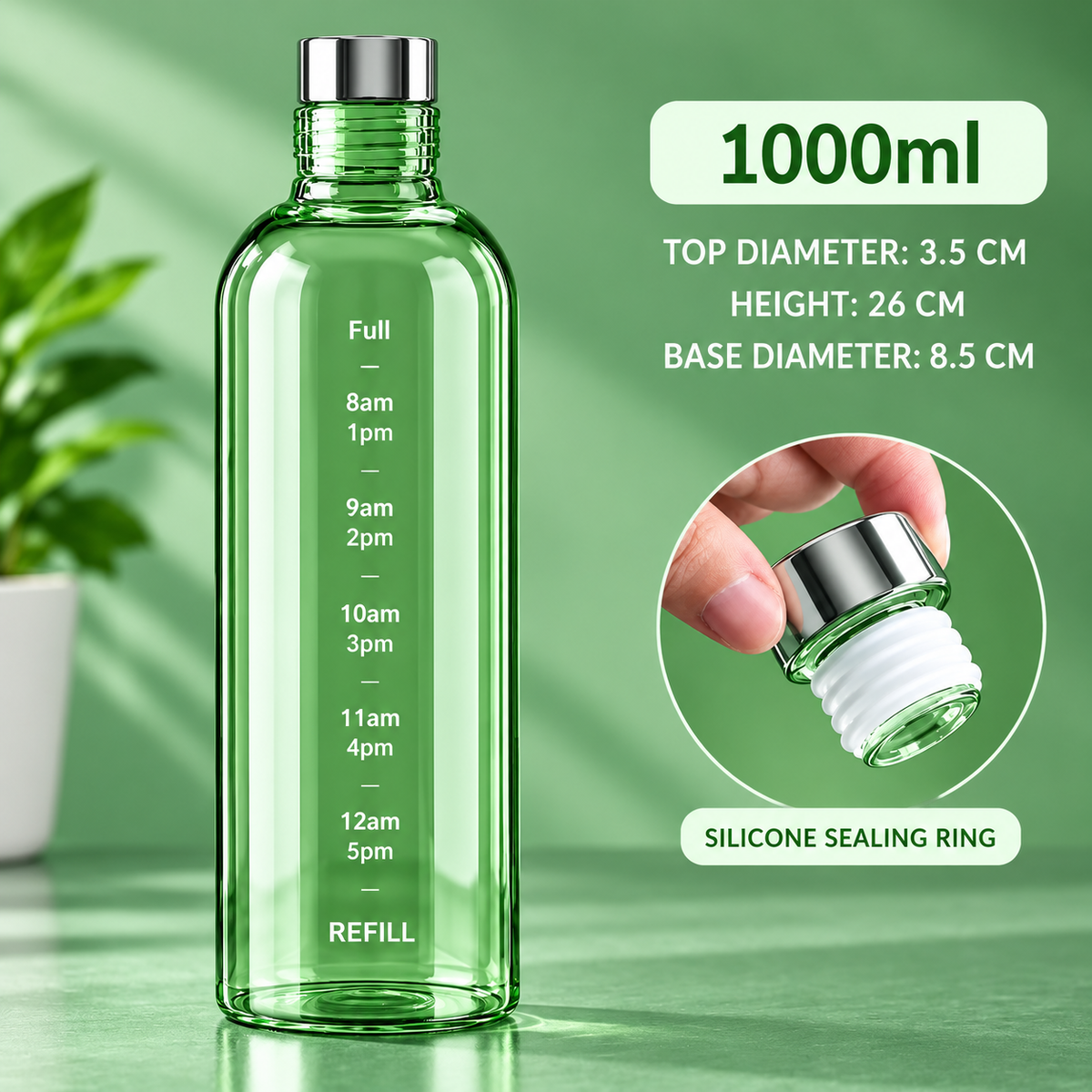 1000ml Glass Water Bottle with Time Scale – Portable & Anti-Drop
