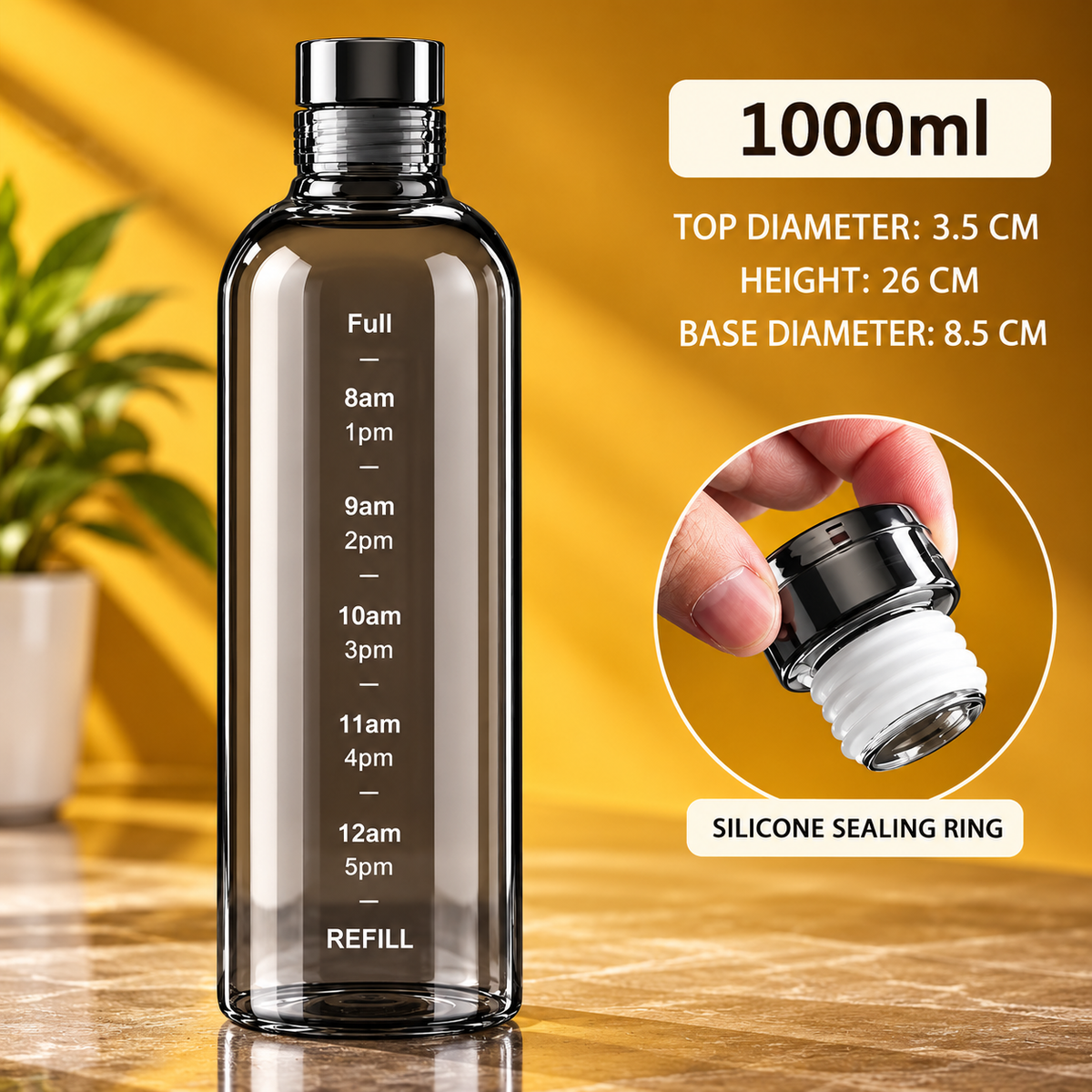 1000ml Glass Water Bottle with Time Scale – Portable & Anti-Drop